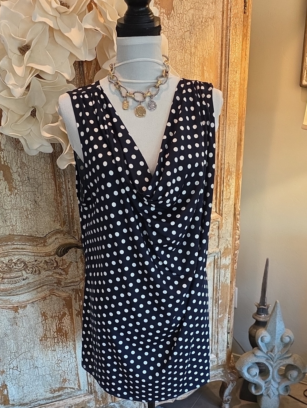Sleeveless Navy and White Polka Dot Draped Cowl Neck Tunic